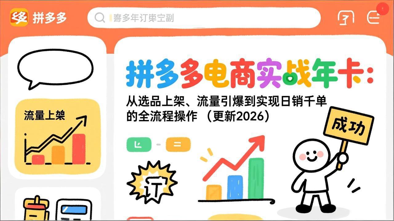 69fff15479b6f21ee4f224017921ed18.jpeg 拼多多电商实战年卡:从选品上架、流量引爆到实现日销千单的全流程操作(更新2026年8月