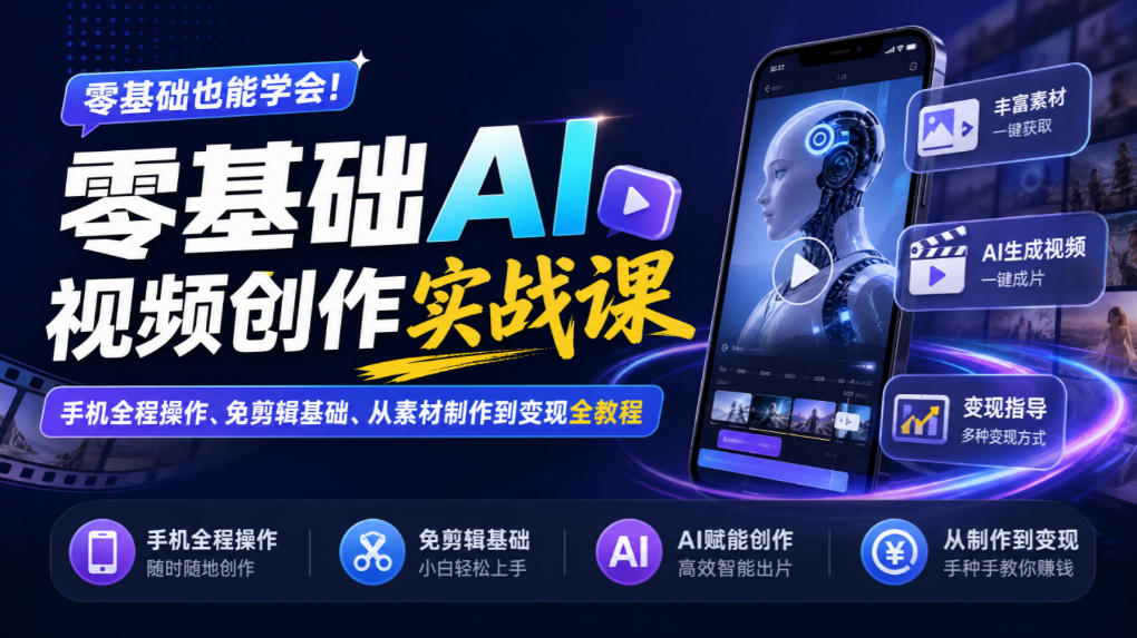 6ac1e5d132bad9860df334fe4ea51605.jpeg 零基础AI视频创作实战课|手机全程操作、免剪辑基础、从素材制作到变现全教程