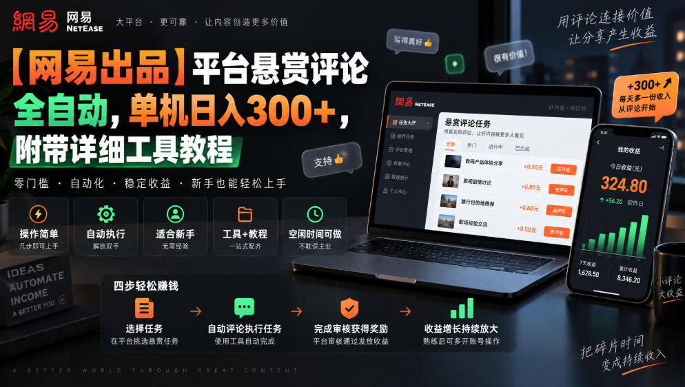 【网易出品】平台悬赏评论全自动，单机日入300+，附带详细工具教程【揭秘】-鼎铸网