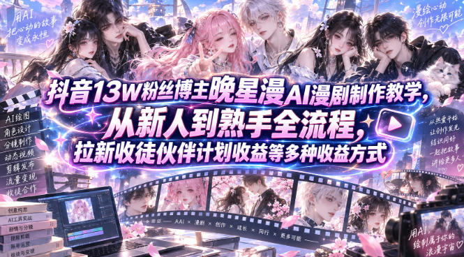 抖音13W粉丝博主晚星漫AI漫剧制作教学，从新人到熟手全流程，拉新收徒伙伴计划收益等多种收益方式，单日1K+-鼎铸网