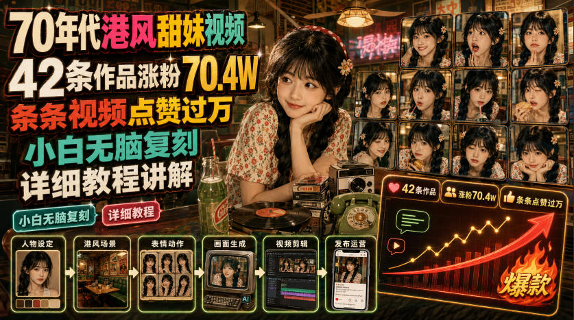 70年代港风甜妹视频,42条作品涨粉70.4W,条条视频点赞过万,小白无脑复刻,详细教程讲解-鼎铸网