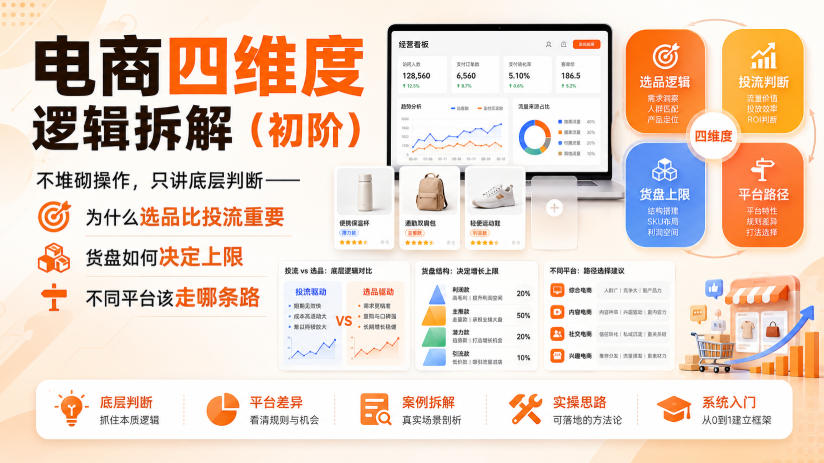 6c1b62da59bb12100a1281ef9535568f.jpeg 电商四维度逻辑拆解(初阶)不堆砌操作,只讲底层判断——为什么选品比投流重要、货盘如何决定上限、不同平台该走哪条路