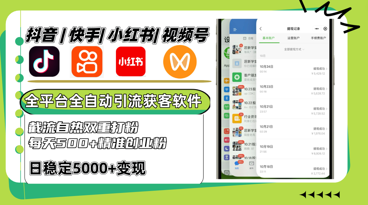 抖音快手小红书视频号全平台全自动引流获客系统，截流自热双重打粉，每天500+精准粉-鼎铸网