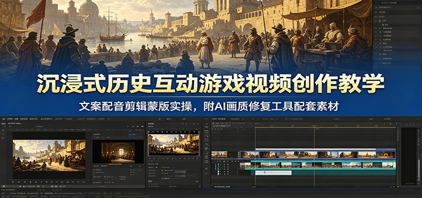 沉浸式历史互动游戏视频创作教学：文案配音剪辑蒙版实操，附AI画质修复工具配套素材-鼎铸网