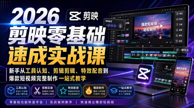 6ce299ad42e1a3c0a1cdb3ff14c44a8d.jpeg 2026剪映零基础速成实战课|新手从工具认知、剪辑剪辑、特效配音到爆款短视频完整制作一站式教学