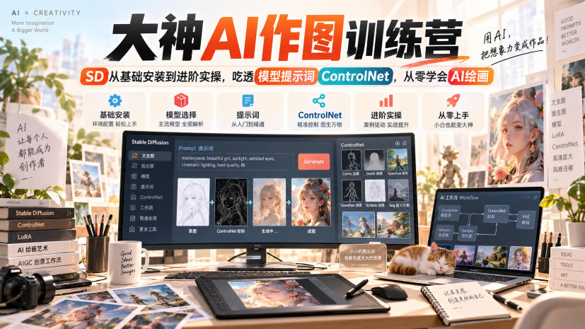 6d1979c426ffa6b2fe62b550aa47a84c.jpeg 大神AI作图训练营,SD从基础安装到进阶实操,吃透模型提示词ControlNet,从零学会AI绘画