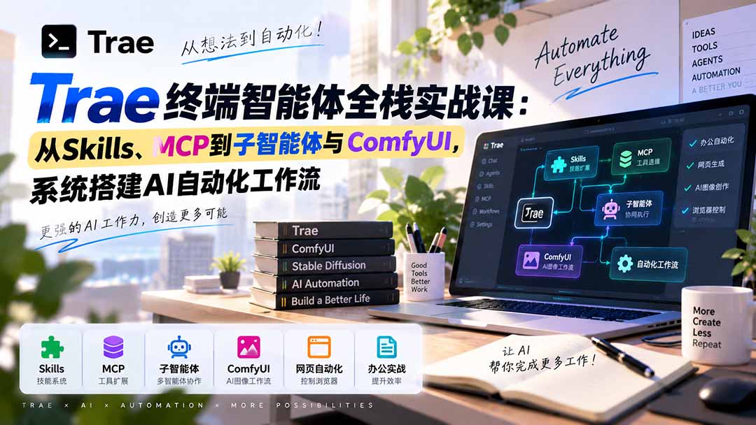 6d19effa5144731e4fbacadfb227a2c2.jpeg Trae终端智能体全栈实战课:从Skills、MCP到子智能体与ComfyUI,系统搭建AI自动化工作流