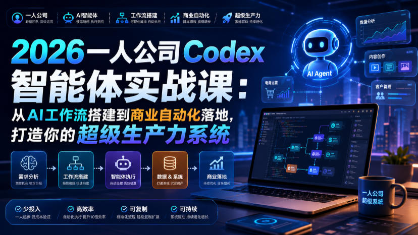 6d4dd2c0085e9907ec1fe9cbef45bb42.jpeg 2026一人公司Codex智能体实战课:从AI工作流搭建到商业自动化落地,打造你的超级生产力系统