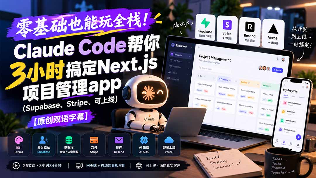 零基础也能玩全栈！Claude Code帮你3小时搞定Next.js项目管理app(Supabase、Stripe、可上线-鼎铸网
