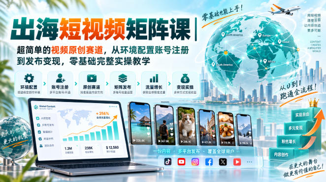 6d87c12e8fd8f5cd5aaefc8117f0176a.jpeg 出海短视频矩阵课|超简单的视频原创赛道,从环境配置账号注册到发布变现,零基础完整实操教学
