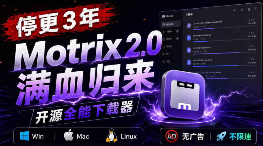 停更3年，Motrix 2.0满血归来：开源全能下载器，Win/Mac/Linux通吃，无广告不限速-鼎铸网
