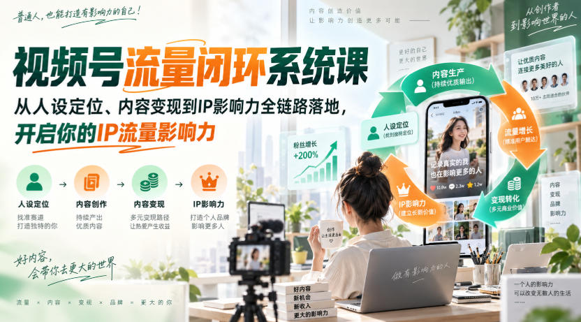 6e65a45dae7d09de615a21f12e29483c.jpeg 视频号流量闭环系统课,从人设定位、内容变现到IP影响力全链路落地,开启你的IP流量影响力