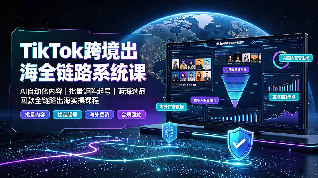 6ed17e49077a8b2bfb54bfe4c6f3ca45.jpeg TikTok跨境出海全链路系统课-2026年7月:AI自动化内容|批量矩阵起号|蓝海选品回款全链路出海实操课程