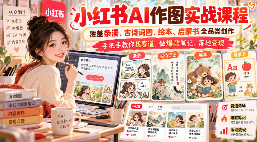 小红书AI作图实战课程，覆盖条漫、古诗词图、绘本、启蒙书全品类创作，手把手教你找赛道、做爆款笔记、落地变现-鼎铸网