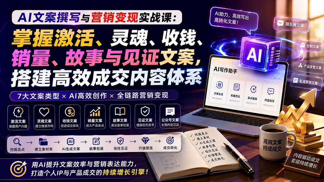 AI文案撰写与营销变现实战课：掌握激活、灵魂、收钱、销量、故事与见证文案，搭建高效成交内容体系-鼎铸网