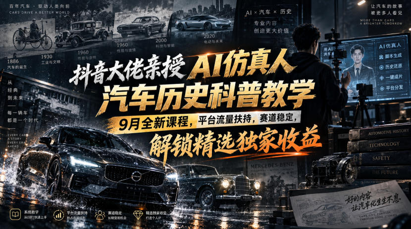 6f32bf170d238e09b9ad6dcc5b132b84.jpeg 抖音大佬亲授AI仿真人汽车历史科普教学,9月全新课程,平台流量扶持,赛道稳定,解锁精选独家收益