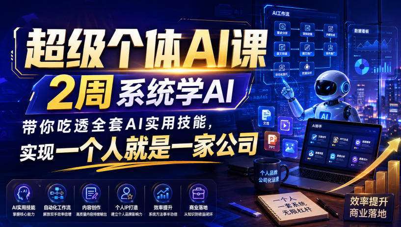 6fb998eedb9fcd9ee89c7ad80df7dc0d.jpeg 超级个体AI课,2周系统学AI,带你吃透全套AI实用技能,实现一个人就是一家公司