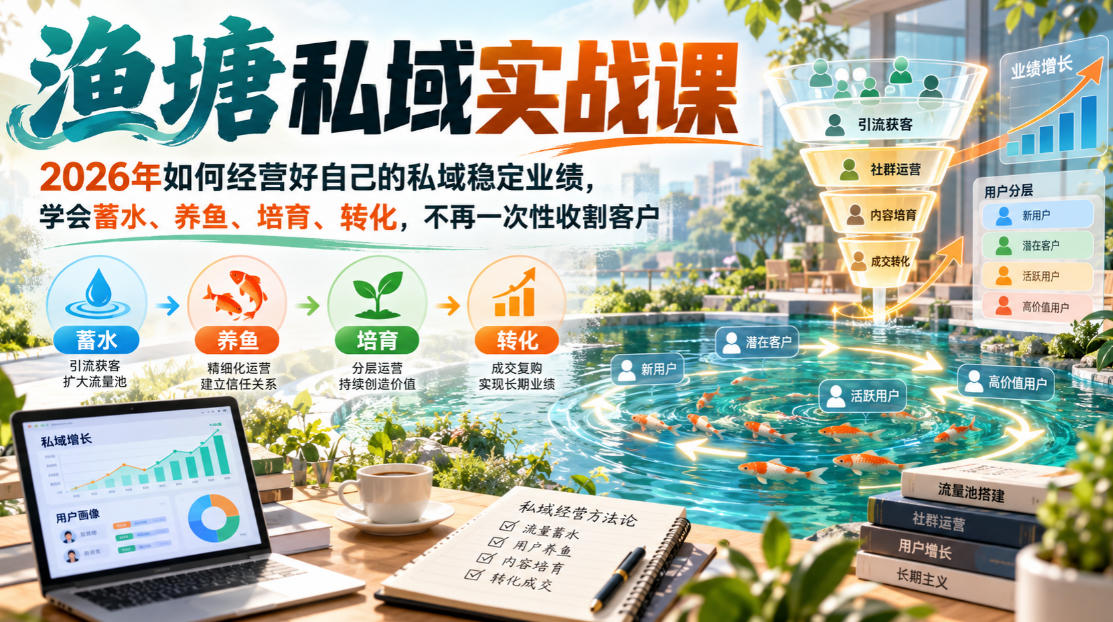 渔塘私域实战课,2026年如何经营好自己的私域稳定业绩,学会蓄水、养鱼、培育、转化,不再一次性收割客户-鼎铸网