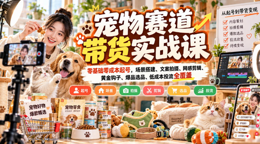宠物赛道带货实战课，零基础零成本起号，场景搭建、文案拍摄、网感剪辑、黄金钩子、爆品选品、低成本投流全覆盖-鼎铸网