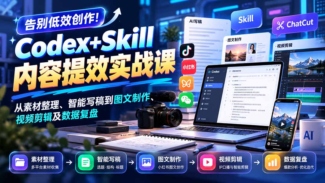 【无水印】告别低效创作!Codex+Skill内容提效实战课:从素材整理、智能写稿到图文制作、视频剪辑及数据复盘-鼎铸网