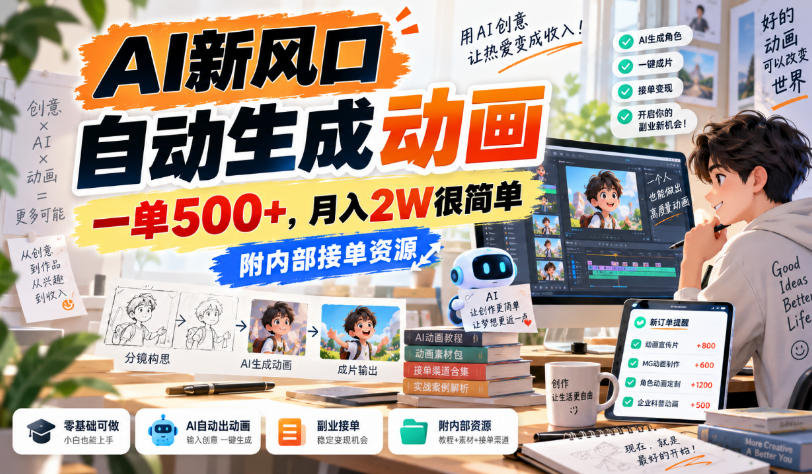 71e9014d38029f4d01e2c7e296180298.jpeg AI新风口,自动生成动画,一单500+,月入2W很简单,附内部接单资源【揭秘】
