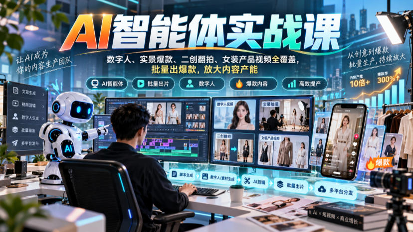 AI智能体实战课，数字人、实景爆款、二创翻拍、女装产品视频全覆盖，批量出爆款，放大内容产能-鼎铸网
