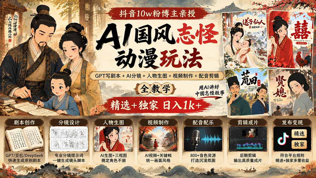 抖音10w粉博主亲授AI国风志怪动漫玩法｜GPT写剧本+AI分镜+人物生图+视频制作+配音剪辑全教学｜精选+独家日入1k+-鼎铸网