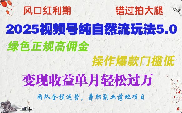 2025视频号纯自然流玩法5.0，绿色正规高佣金，操作爆款门槛低，变现收益单月轻松过万-鼎铸网