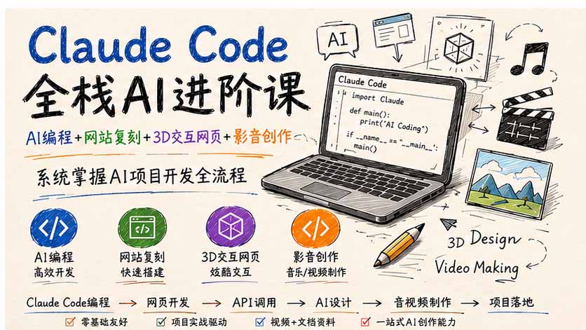73029f2d6e73689868d713899456301f.jpeg Claude Code全栈AI进阶课;AI编程+网站复刻+3D交互网页+影音创作,系统掌握AI项目开发全流程