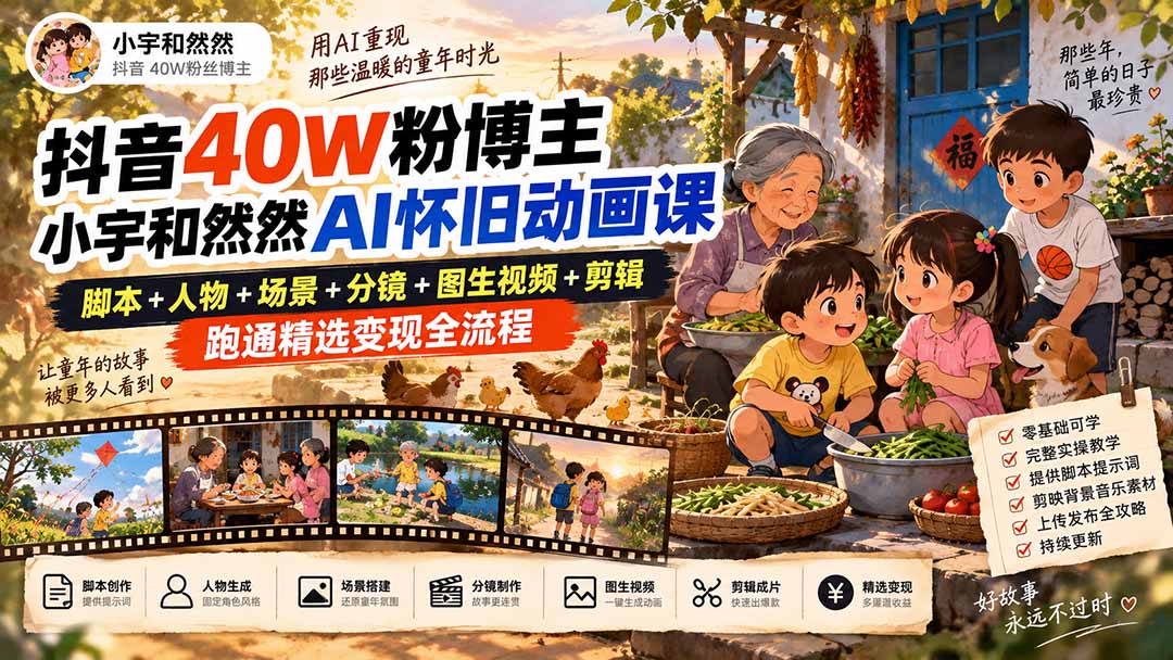73459cd17451dd38732705cfaf5fd04e.jpeg 抖音40W粉博主小宇和然然AI怀旧动画课|脚本+人物+场景+分镜+图生视频+剪辑,跑通精选变现全流程
