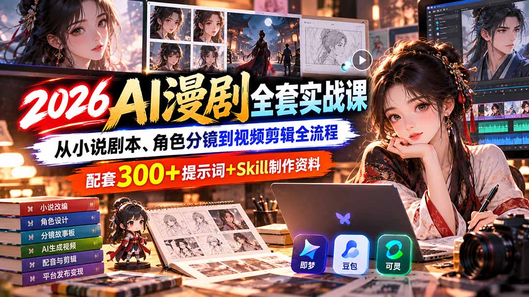 【无水印】2026AI漫剧全套实战课：从小说剧本、角色分镜到视频剪辑全流程，配套300+提示词+Skill制作资料-鼎铸网