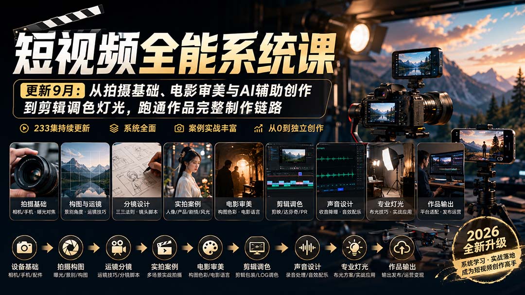短视频全能系统课-9月完整版：从拍摄基础、电影审美与AI辅助创作到剪辑调色灯光，跑通作品完整制作链路-鼎铸网