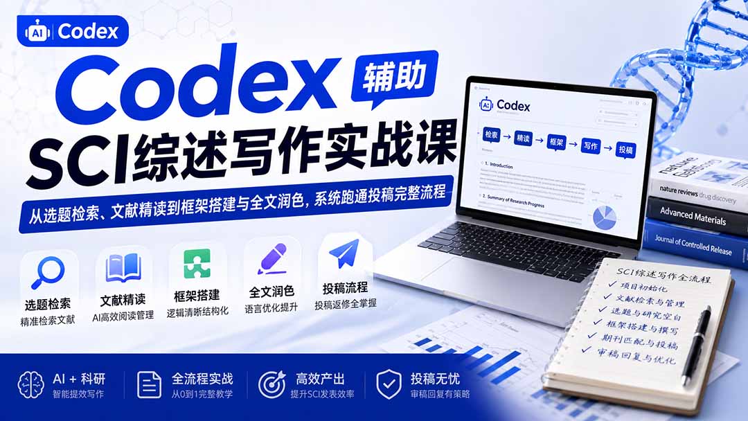 743ab7518b32966ecb257ee35425f8fe.jpeg Codex辅助SCI综述写作实战课——从选题检索、文献精读到框架搭建与全文润色,系统跑通投稿完整流程