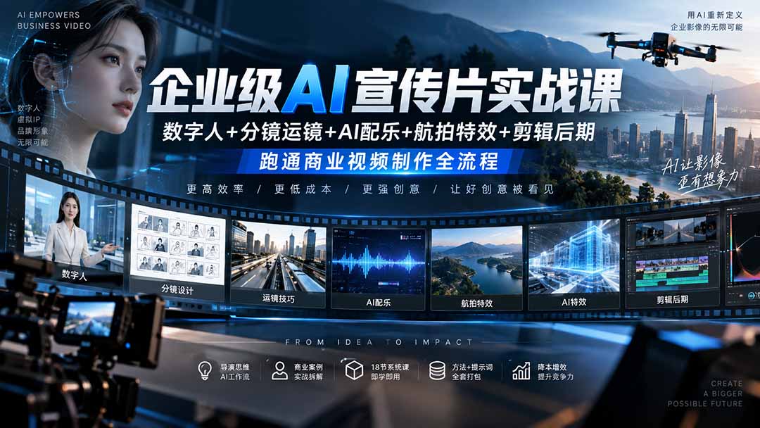 企业级AI宣传片实战课｜数字人+分镜运镜+AI配乐+航拍特效+剪辑后期，跑通商业视频制作全流程-鼎铸网