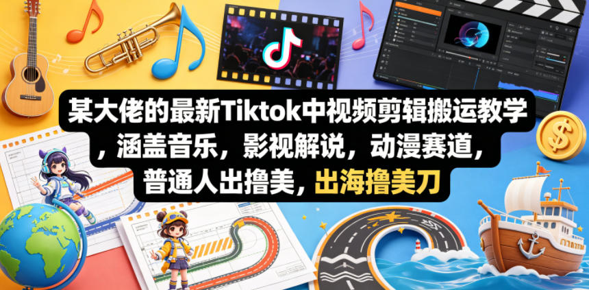 某大佬的最新Tiktok中视频剪辑搬运教学,涵盖音乐,影视解说,动漫赛道,普通人出海撸美刀-鼎铸网