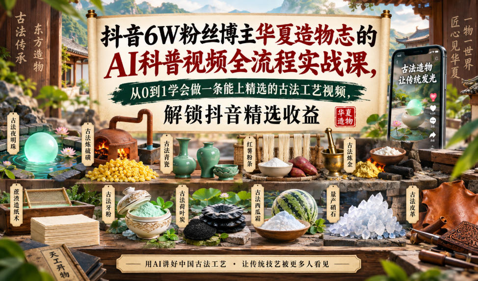 746e468a6e102f284537c7c316f388ee.jpeg 抖音6W粉丝博主华夏造物志的AI科普视频全流程实战课,从0到1学会做一条能上精选的古法工艺视频,解锁抖音精选收益