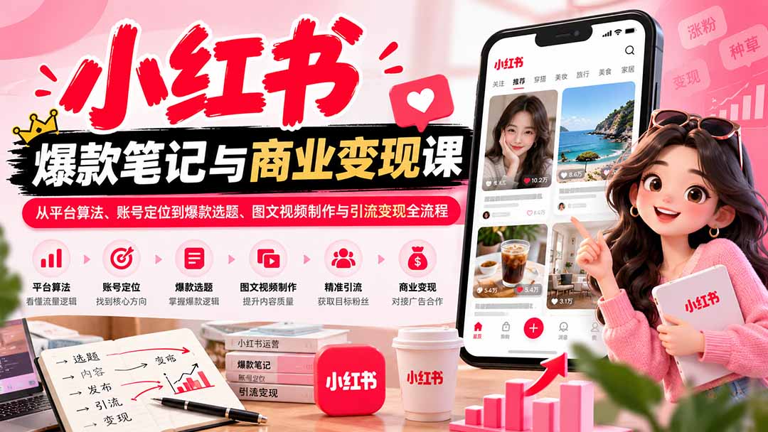 2026小红书爆款笔记与商业变现课：从平台算法、账号定位到爆款选题、图文视频制作与引流变现全流程-鼎铸网
