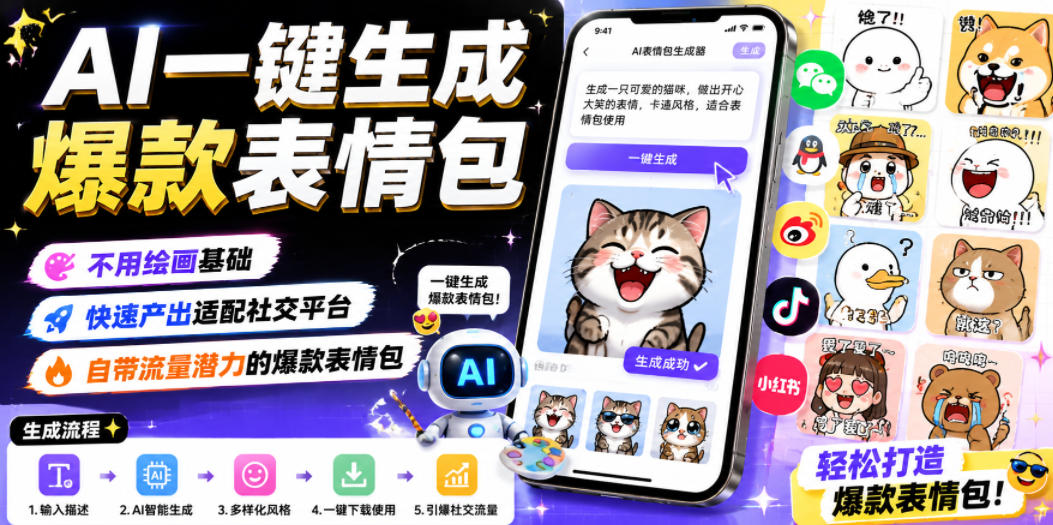 AI一键生成爆款表情包，不用绘画基础，快速产出适配社交平台，自带流量潜力的爆款表情包-鼎铸网