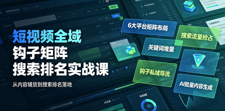 76842a500073486e56536bb2c6121602.jpeg 短视频全域钩子矩阵搜索排名实战课|6大平台矩阵布局、关键词堆量抢占搜索流量、钩子私域导流、AI批量内容生成