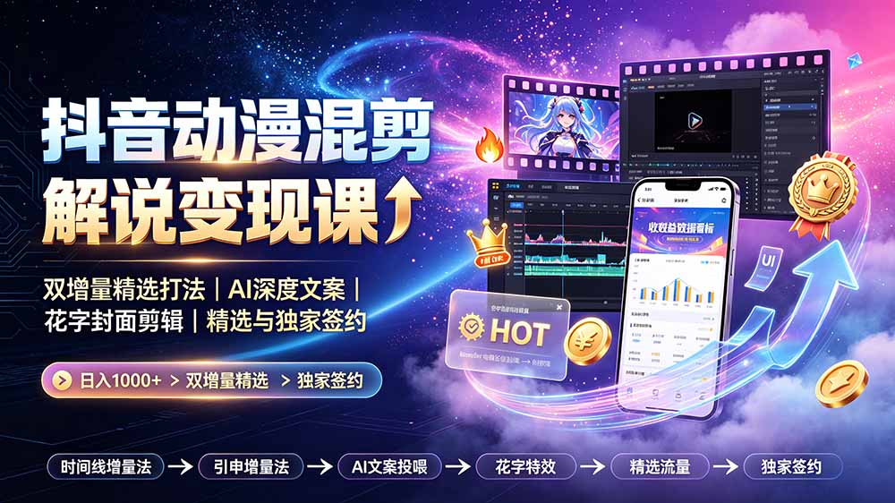 抖音动漫混剪解说变现课:双增量精选打法|AI深度文案|花字封面剪辑| 精选与独家签约日入1000+-鼎铸网