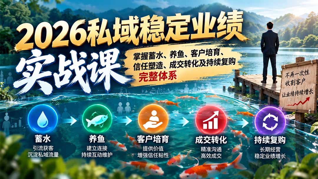 2026私域稳定业绩实战课:掌握蓄水、养鱼、客户培育、信任塑造、成交转化及持续复购完整体系-鼎铸网
