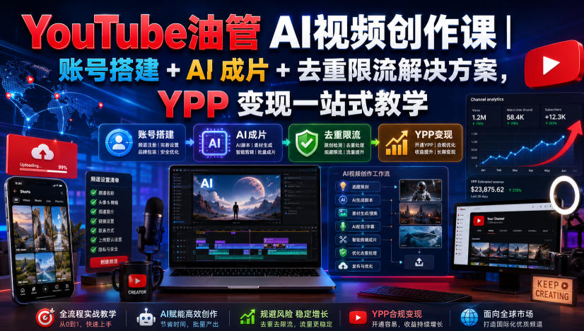 YouTube油管AI视频创作课|账号搭建+AI成片+去重限流解决方案,YPP变现一站式教学-鼎铸网