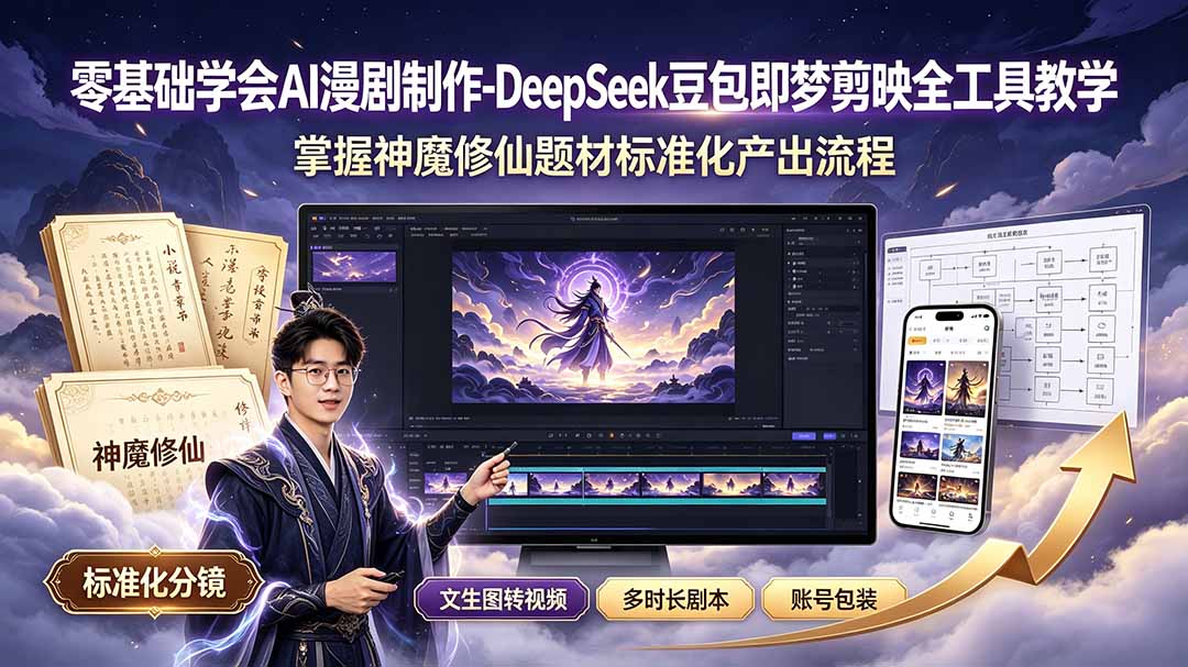 7755b0609b9860a96ef4253f9e1b2357.jpeg 零基础学会AI漫剧制作-DeepSeek豆包即梦剪映全工具教学,掌握神魔修仙题材标准化产出流程