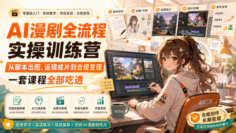 AI漫剧全流程实操训练营，从脚本出图、运镜成片到合规变现，一套课程全部吃透-鼎铸网