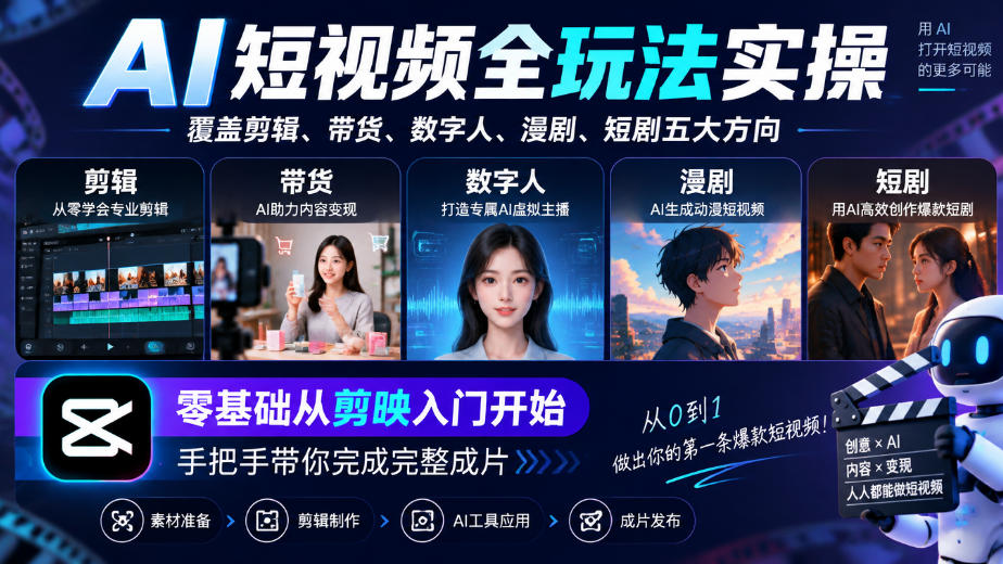AI短视频全玩法实操,覆盖剪辑、带货、数字人、漫剧、短剧五大方向,零基础从剪映入门开始,手把手带你完成完整成片-鼎铸网