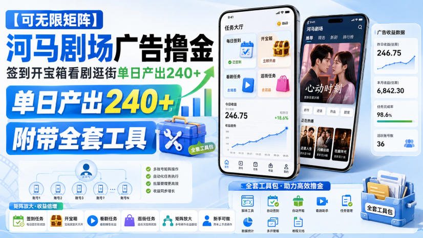 【可无限矩阵】河马剧场广告撸金，签到开宝箱看剧逛街单日产出240+，附带全套工具【揭秘】-鼎铸网