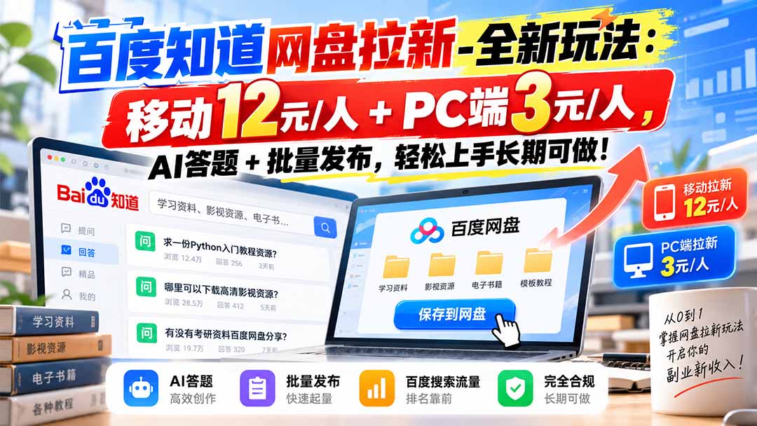 百度知道网盘拉新-全新玩法:移动12元/人+PC端3元/人,AI答题+批量发布,轻松上手长期可做!-鼎铸网