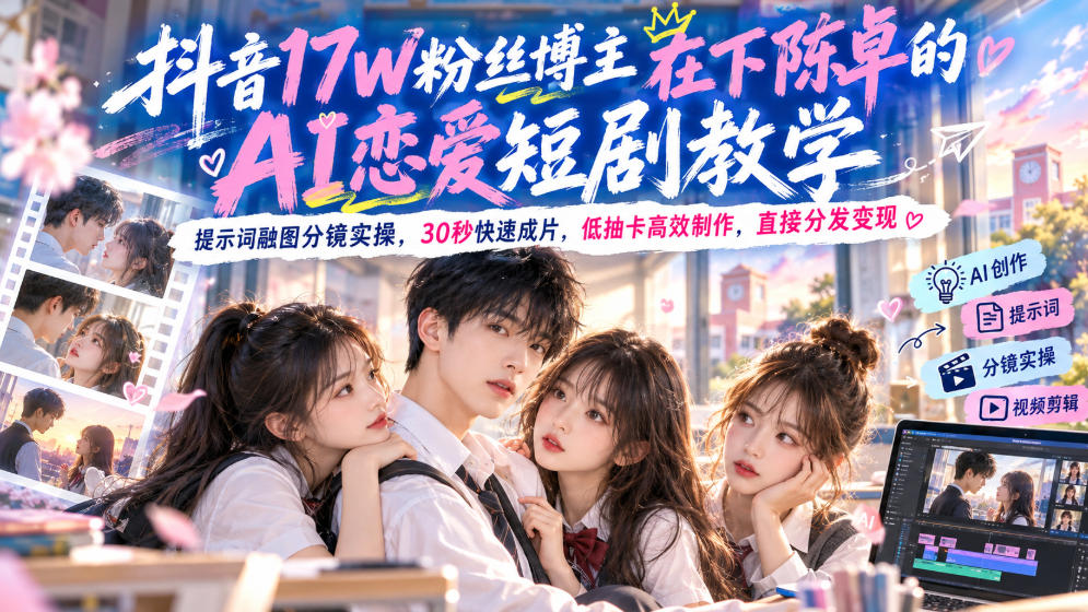 784616f9ee3aabeb3353c7c4174081ad.jpeg 抖音17W粉丝博主在下陈卓的AI恋爱短剧教学,提示词融图分镜实操,30秒快速成片,低抽卡高效制作,直接分发变现