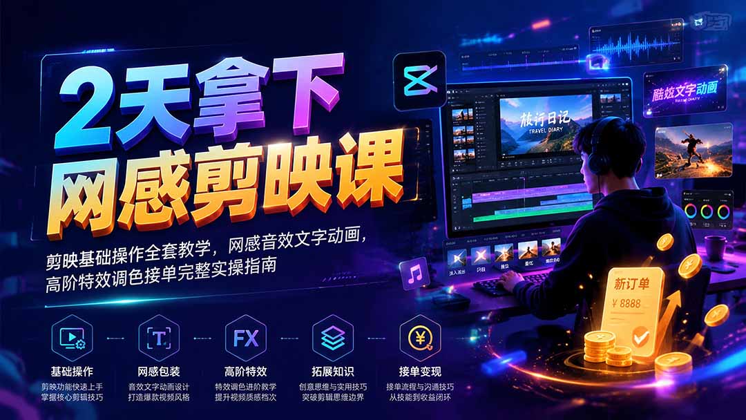 787671d7fa0d294efd463b8e641cfd05.jpeg 2天拿下网感剪辑课|剪映基础操作全套教学,网感音效文字动画,高阶特效调色接单完整实操指南