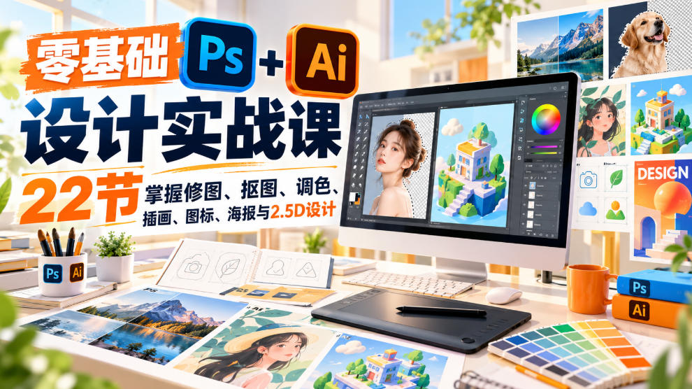 【无水印】零基础PS+AI设计实战课｜22节掌握修图、抠图、调色、插画、图标、海报与2.5D设计-鼎铸网